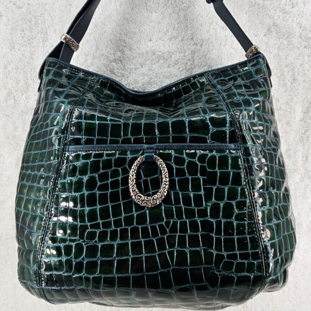 BRIGHTON Jetson Forest Green Patent Croc Leather Adj Strap Hobo Shoulder Bag
